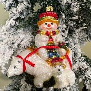 Christopher Radco Festive Glass Snowman and Polar Bear Ornament